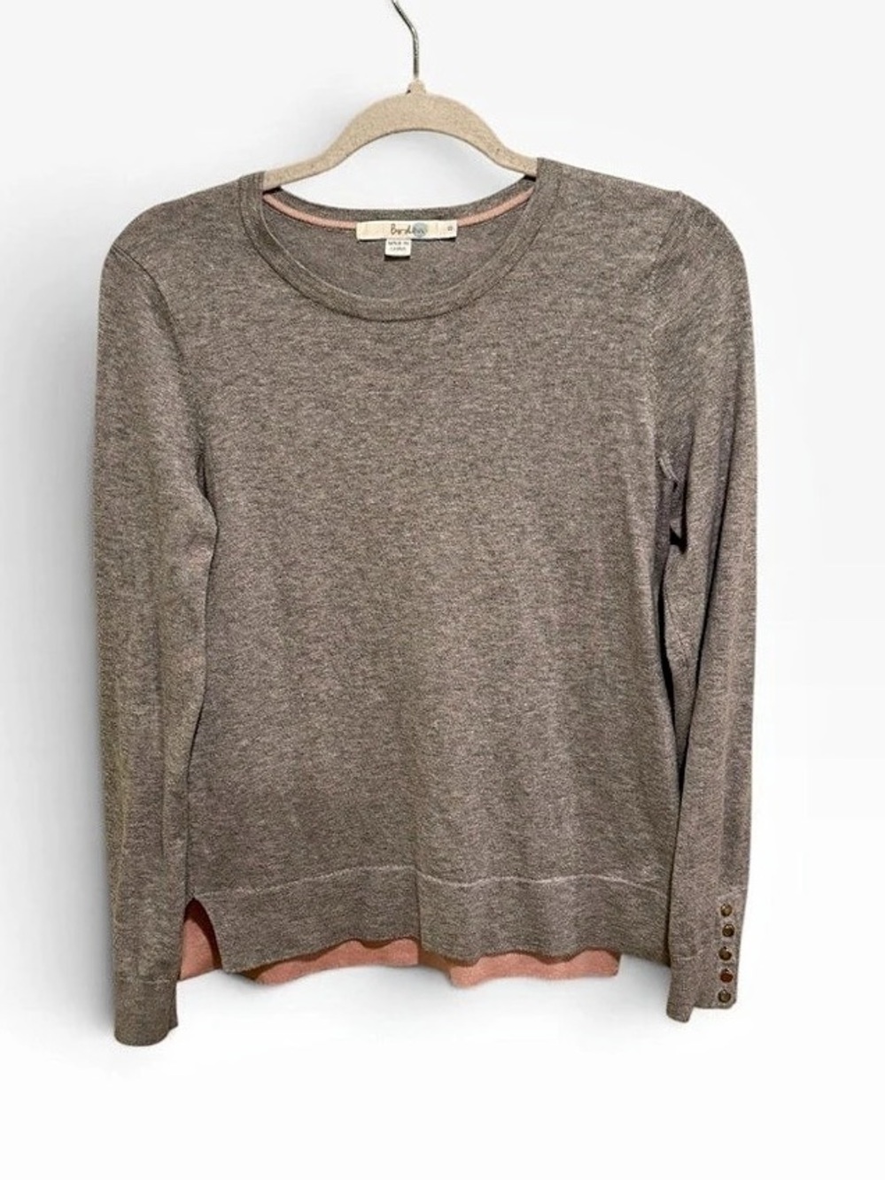 Boden Grey Crew Neck Sweater with Pink Contrast Hem & Button Cuffs Size S